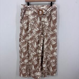 NWT Nicole Miller Tropical Leaf Print 100% Linen Wide Leg Crop Pants Womens XL